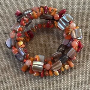 Shell & Bead Layer Memory Wire Cuff Bracelet Coral/Orange Colors